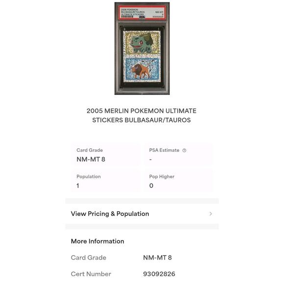 POP 1 Merlin 2005 Pokemon Ultimate Stickers Series 7 Bulbasaur Tauros PSA 8 Holo - Picture 4 of 4